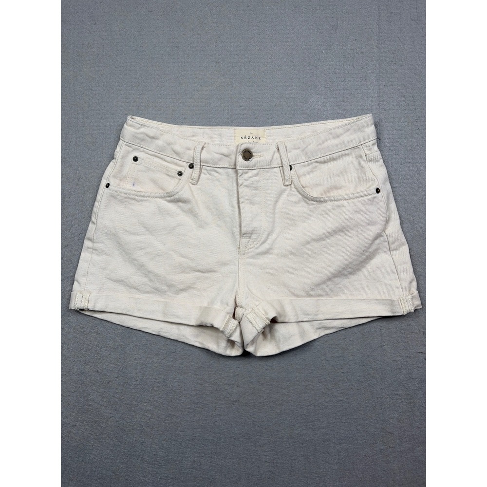 Sezane Paris Denim Shorts Off-White Button Fly‎ Rolled Hem Size French 36= US 4